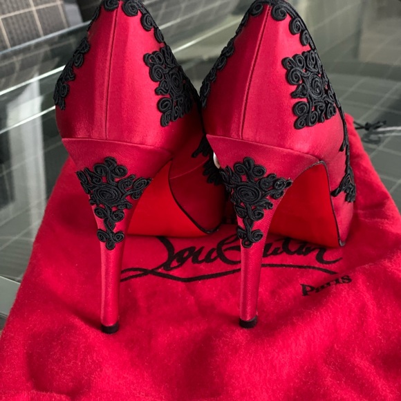 Christian Louboutin Red/Black Satin Heels - Picture 9 of 13